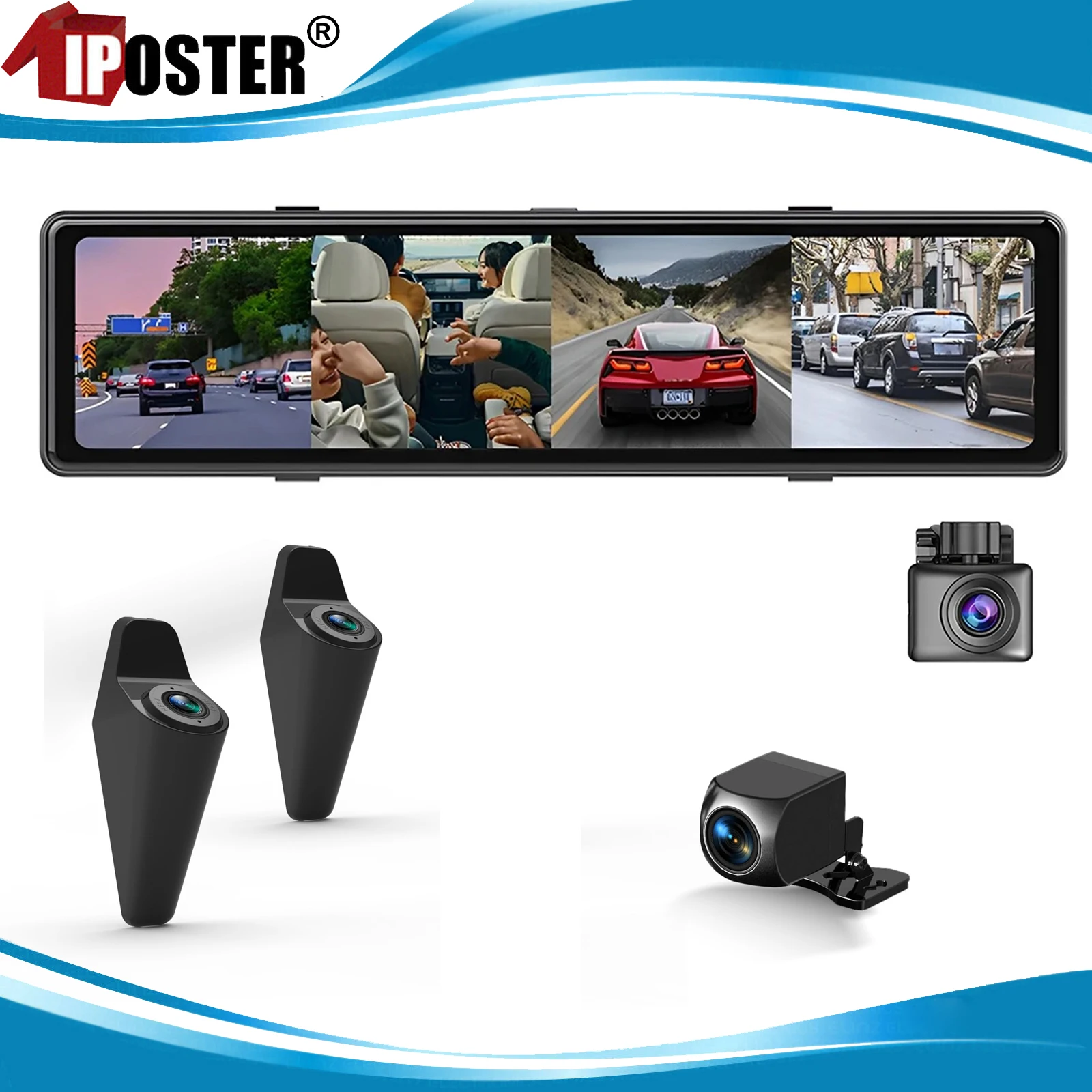 iPoster 12 Inch Touch Screen 4 Channel 1080P Car Camera Recorder 360 View Dash Cam WiFi Remote Phone Live Video View