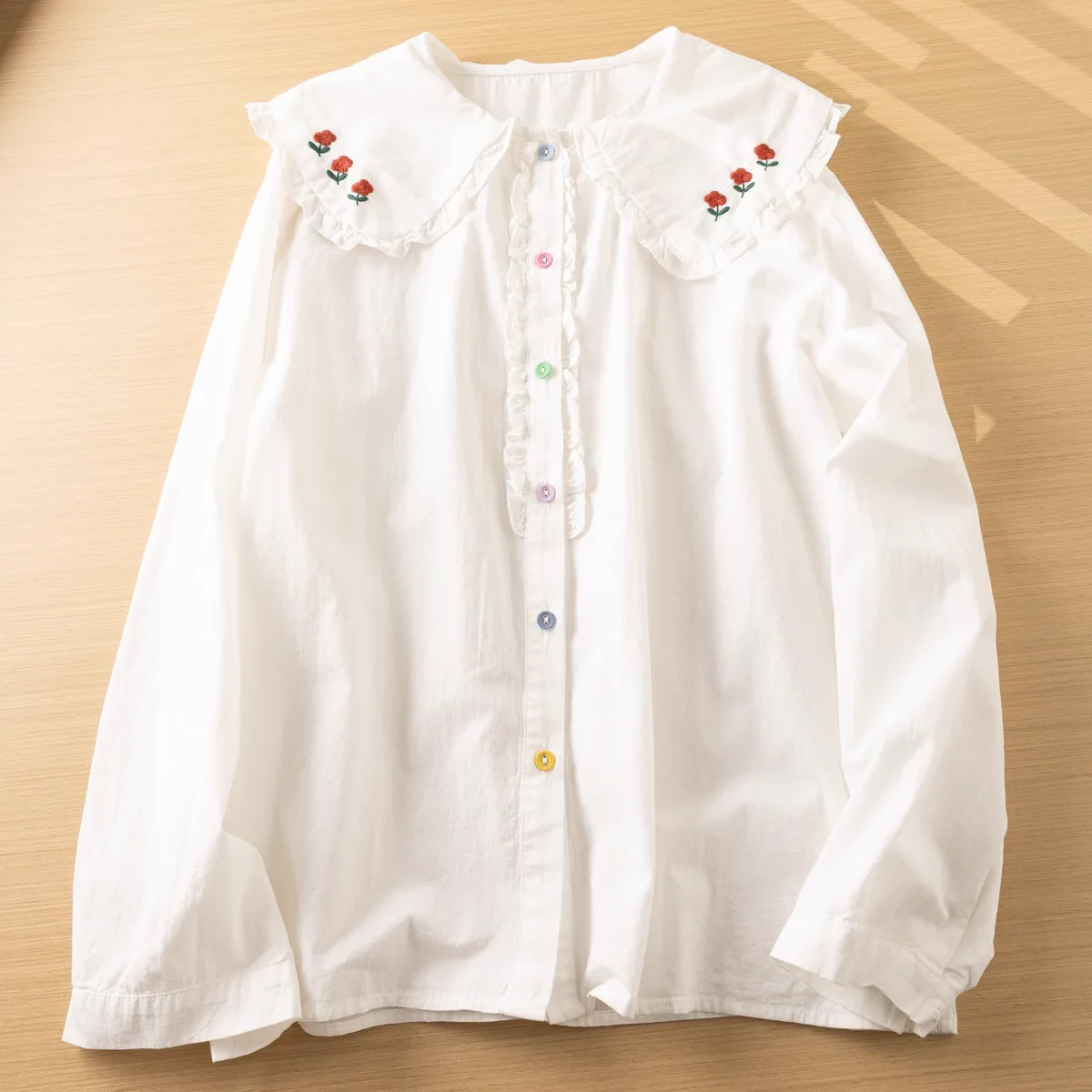 Autumn White Shirt Women Peter Pan Collar Flowers Embroidery Long Sleeve Shirts Mori Girl Cotton Lolita Blouse Tops