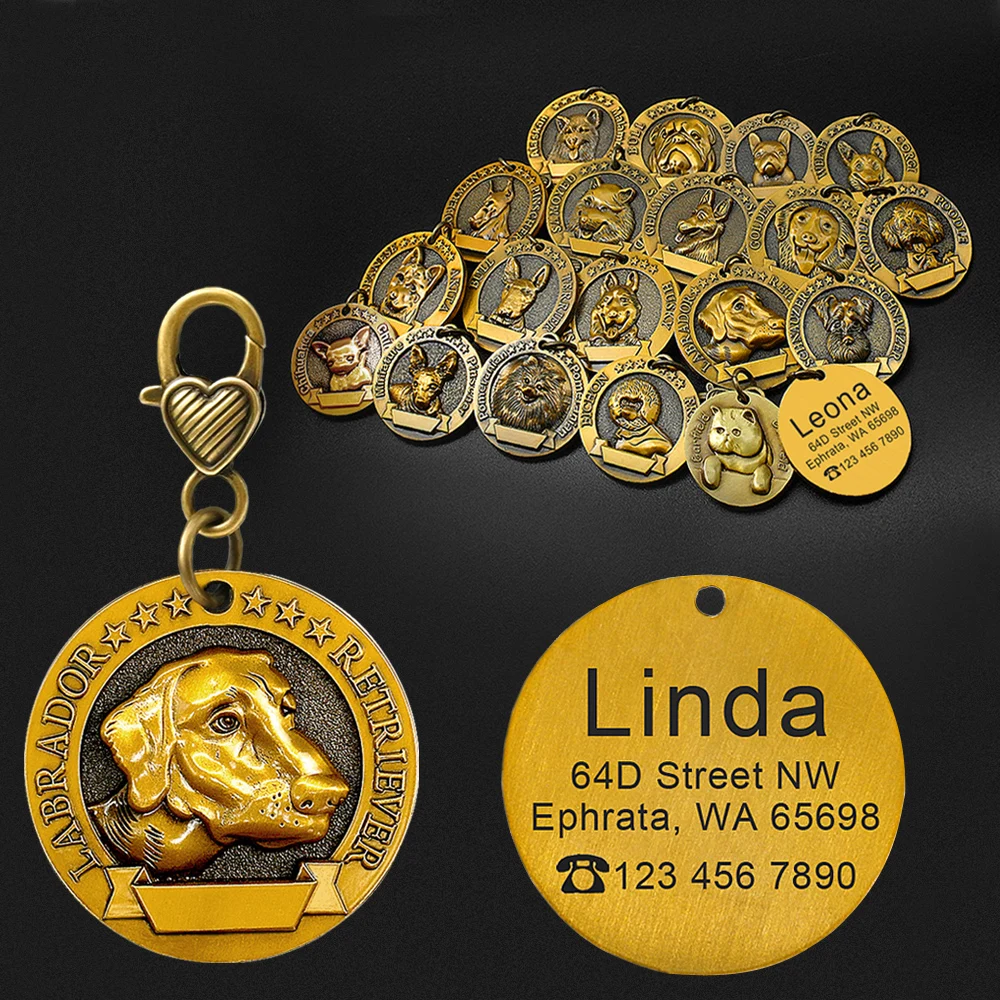 Personalized Dog ID Tag Custom Copper Coated Metal Engraved Large Dog Name Tags Pet Accessories for Labrador