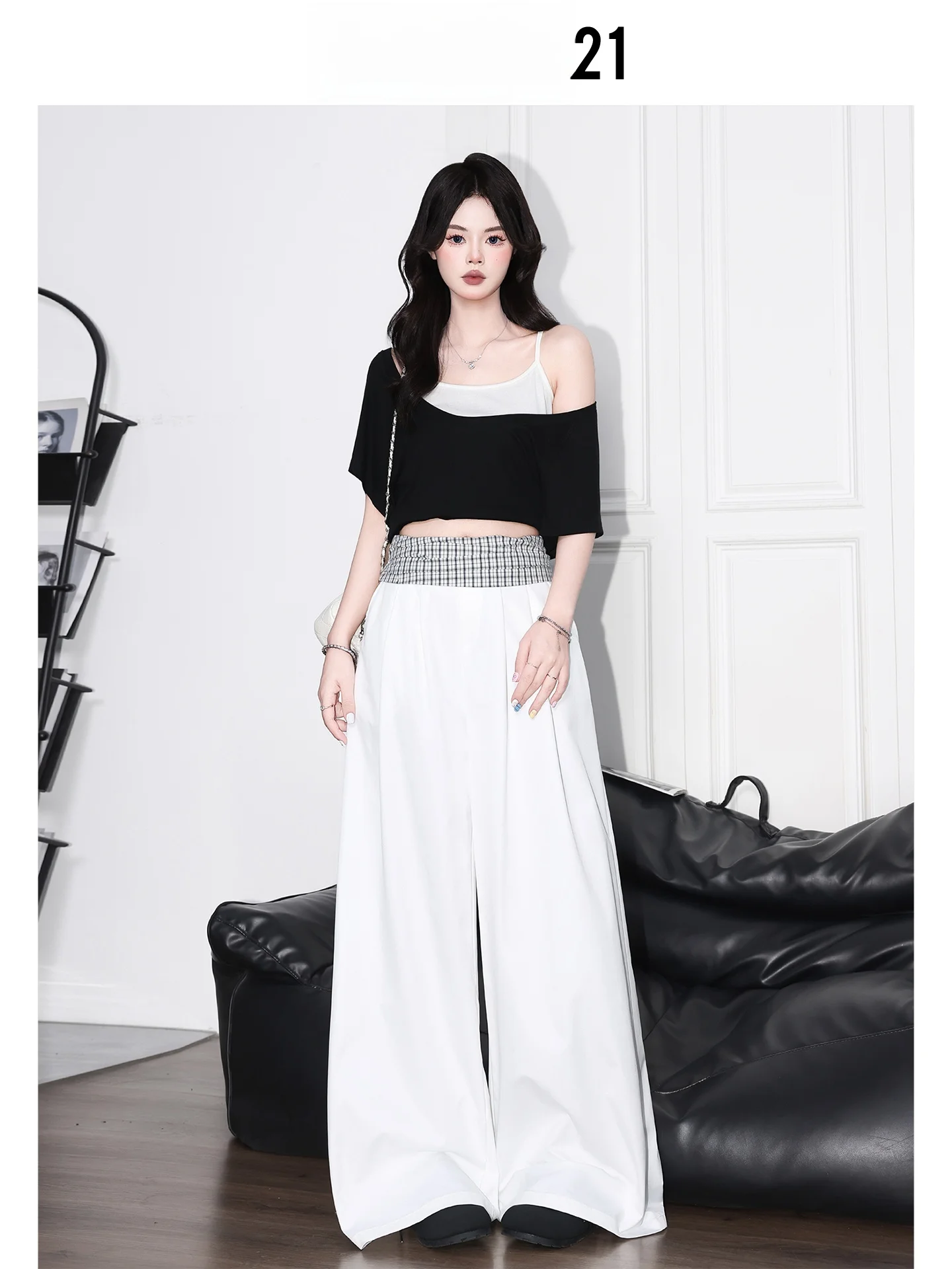 Pantalones casuales de pierna ancha con estampado a cuadros y patchwork de Forever 21 para mujer, de cintura alta, estilo recto y holgado, ideales para caminar.