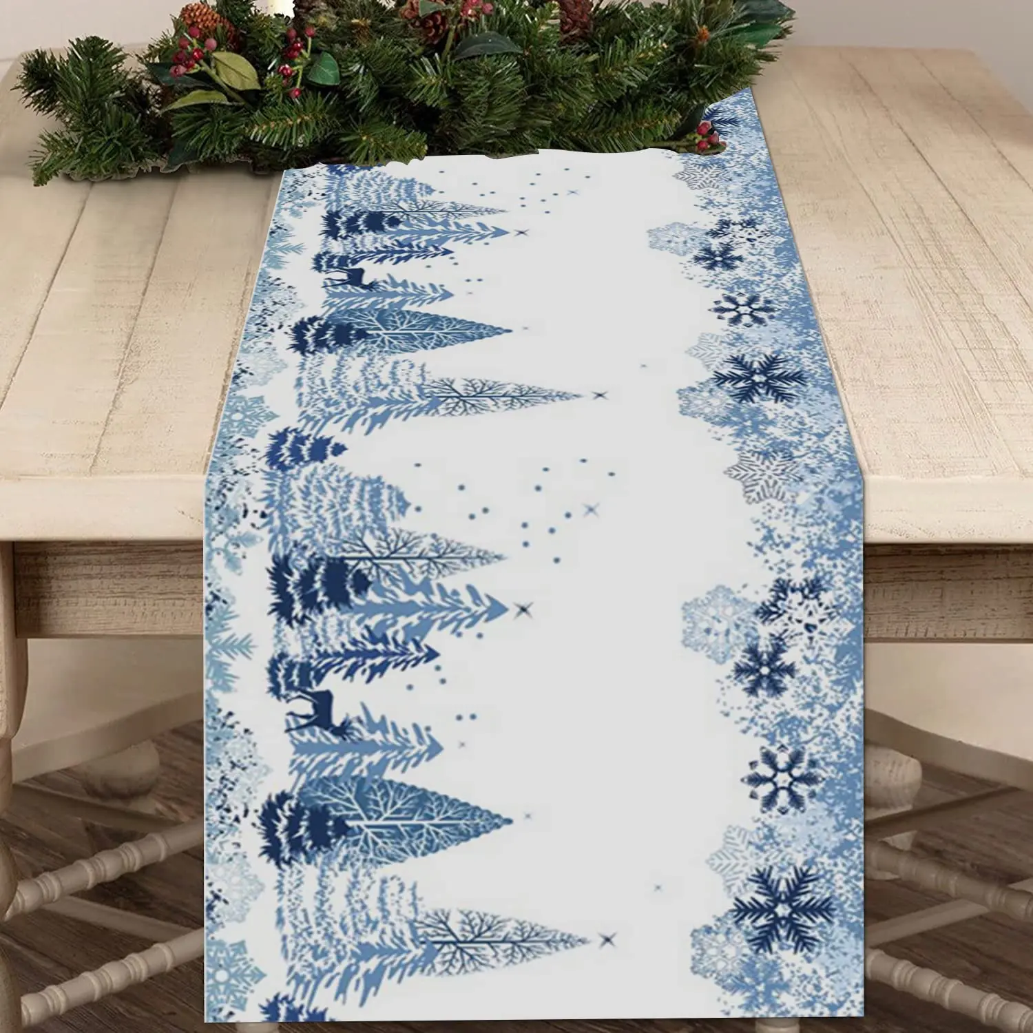 

Christmas Table Runner, Blue Snowflake, White, Holiday Table Runners, Reindeer, Forest Dinner, Xmas Party Decor, Winter