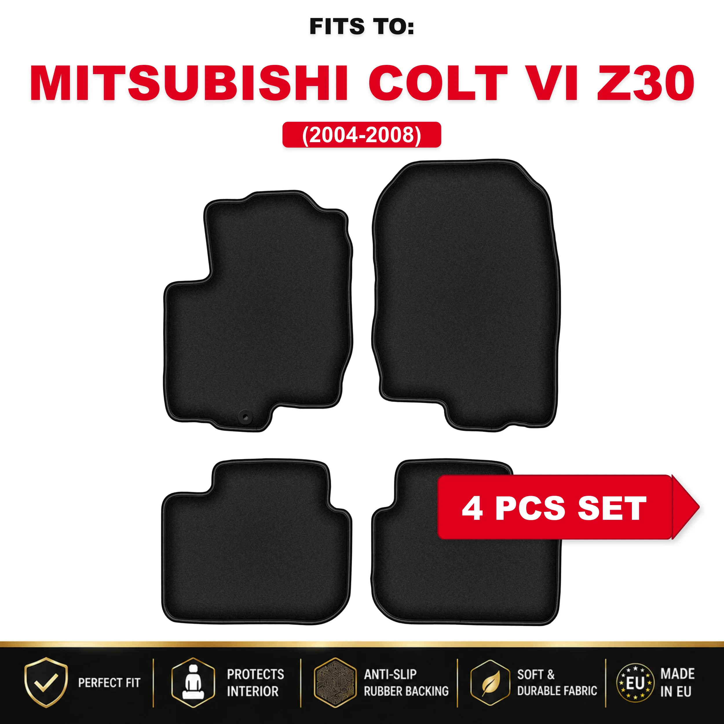 Zwarte velours vloermatten, 4 stuks Voor: Mitsubishi Colt VI Z30 2004-2008 automatten set