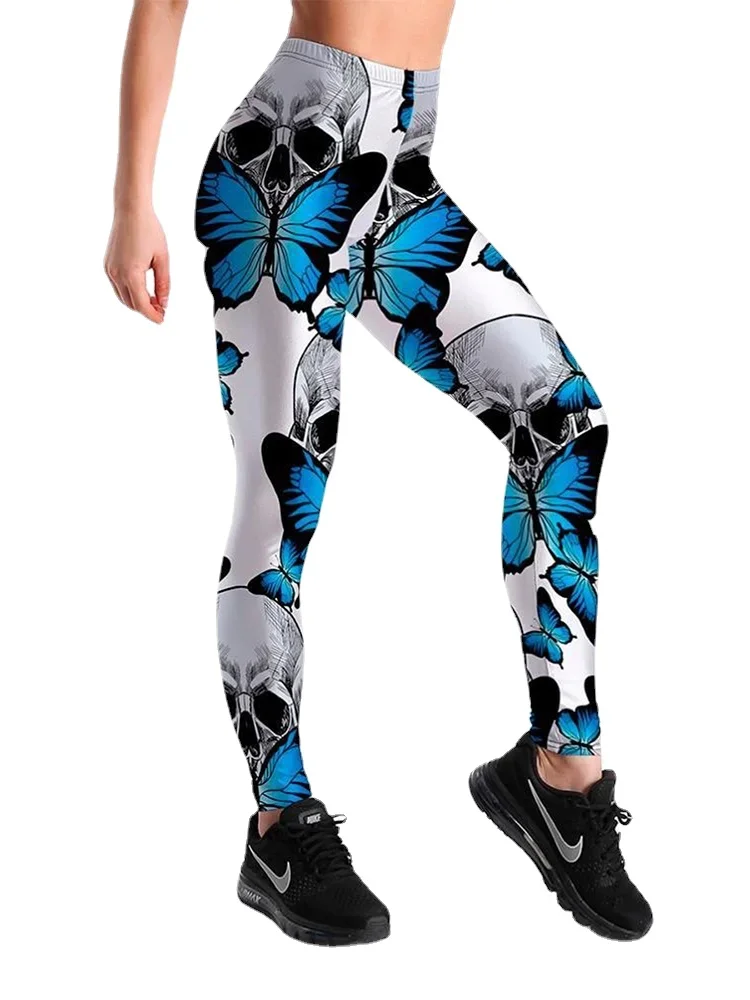 Skull Butterfly Smoke Gym Yoga Leggings Printed Sexy Casual Running Trousers Streetwear Trainer Fitness Elastic Women Clothing