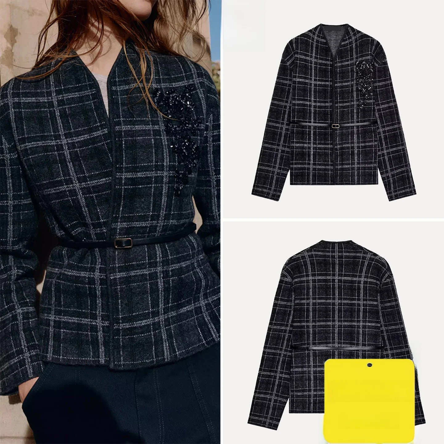 

Trendy Plaid Knitted Outerwear with Belt for Women Winter 2025 Stand Fit Long Sve Casual Wear Ladies Coat