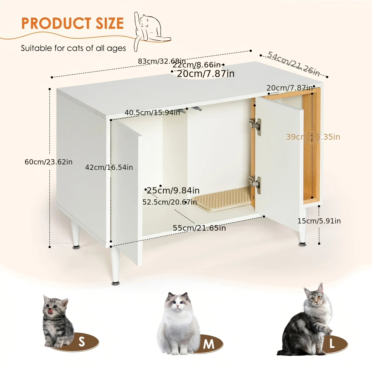 White Wooden Cat House Bathroom Sink Cabinet with Litter Box Enclosure - Spacious Furniture for Large Cats, Easy Assembly