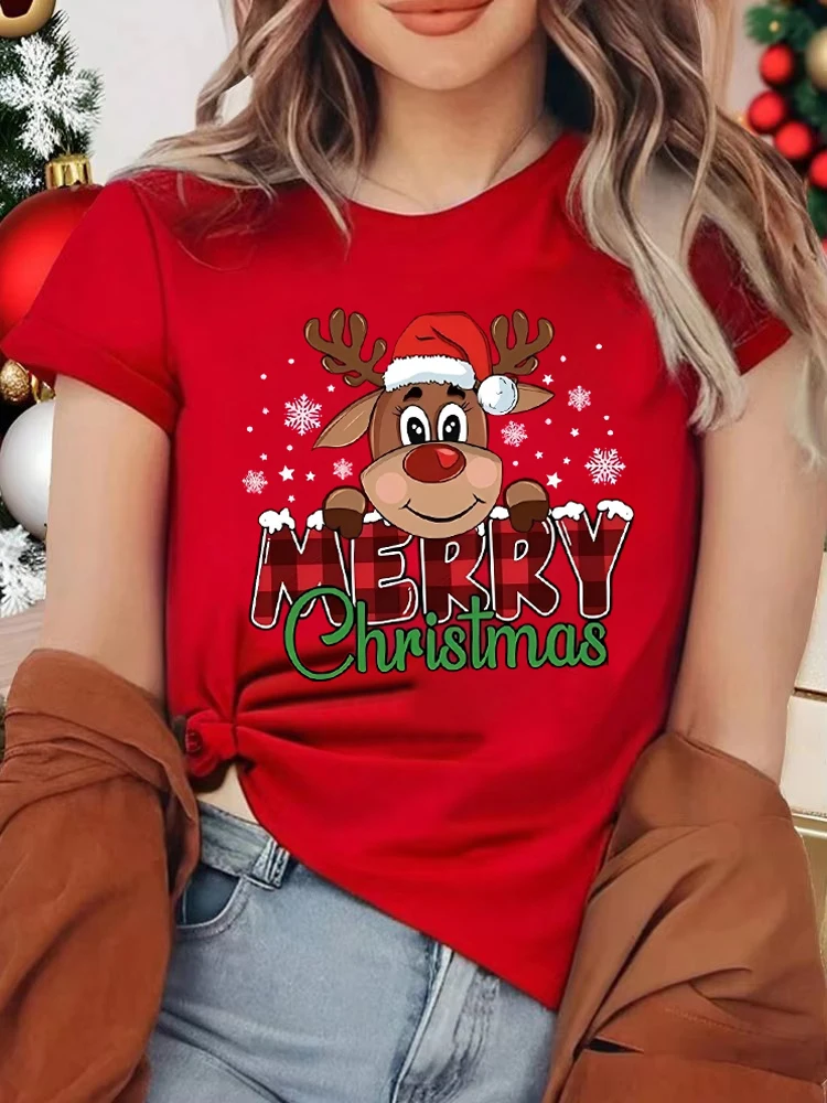 2025 Merry Christmas Cute Reindeer Print Red T-Shirts for Women Casual Short Sleeve O-neck T-Shirts Ladies Christmas Party Tops