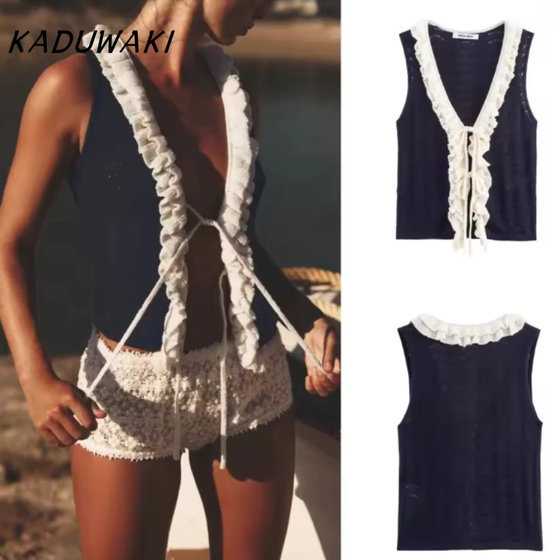 

KADUWAKI European and American Style Sexy V-neck Lace-up Contrast Color Design Sleeveless Knitted Vest 민소매 티 여성 Y2k Tops Gothic