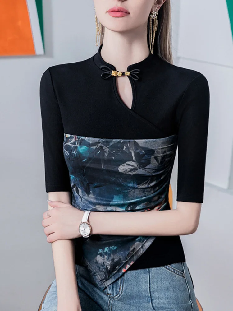 Chinese Cheongsam Stand Up Collar T-Shirt For Women With Quarter Sleeves, 2025 Summer New Button Print Patchwork, Medium Sleeved