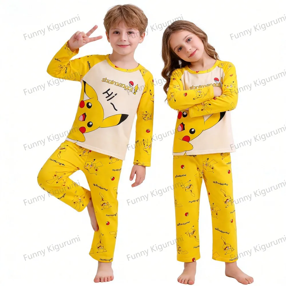 Children's Pyjamas Pikachu Set Kids Sleepers Boys Girls Cartoon Long Sleeve Sleepwear 3-14T Teenage Home Clothes Pajama Pijama