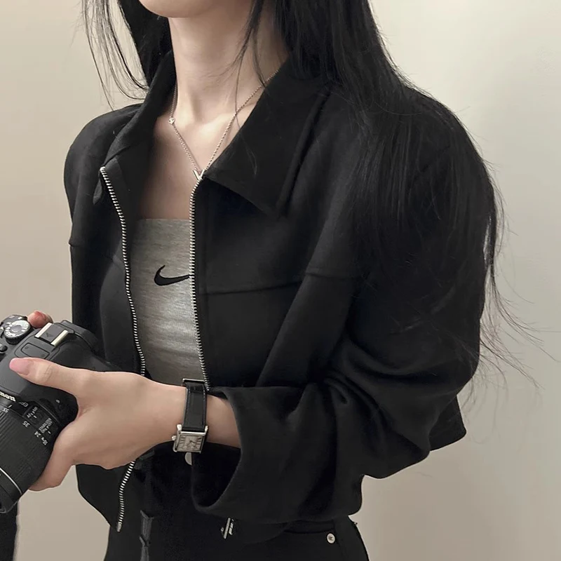 Chaqueta Corta de Cuero y Terciopelo de Manga Larga Estilo Retro Chic para Mujer, Corte Hoado, Cuello con Cremallera, Prend...