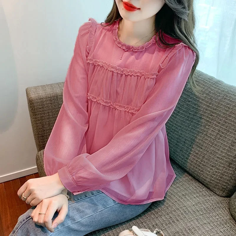 Temperament Summer Jacket Round Neck Wood Ear Long-Sleeved Chiffon Shirt Autumn 2024 Autumn New Joker Women's Blouse