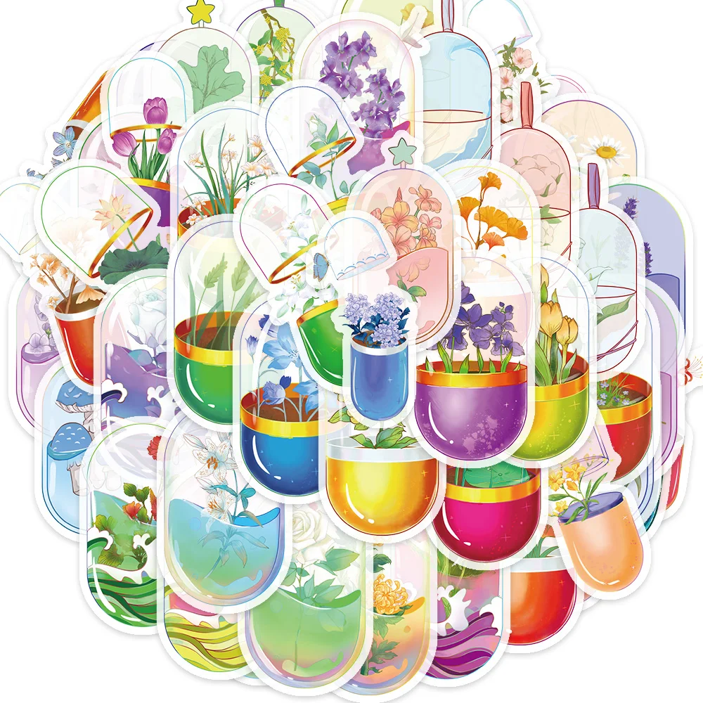 50PCS Beautiful Capsule Flower Graffiti Stickers Scrapbooking Collage Material Water Cup Guitar Diary Phone Case Stickers