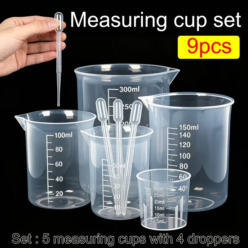 9-piece set with graduated plastic measuring cup, laboratory beaker, and dropper for transferring liquids, reusable