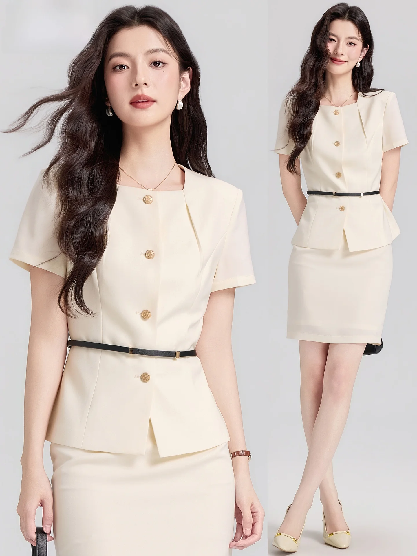 Milk White Short Sleeve Suit Set Dress Women Summer Thin Professional Formal Beauty Salon Work Uniform Polyester Fiber