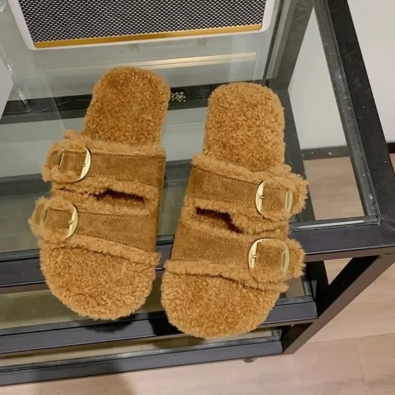 

Autumn Winter Warm Cotton Slip Round Toe Open Toe Metal Buckle Outer Wear Soft Sole Anti-Slip Wear-Resistant Flat Slippers