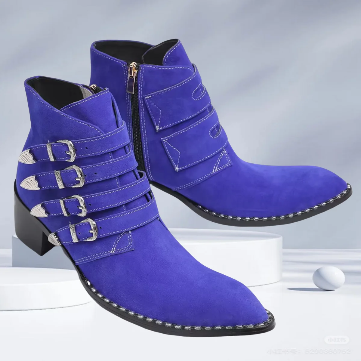 Suede Leather Men Botas Para Hombre Cowboy Ankle Boots 4 Buckles Motorcycle Short Stage Boots Studded Zipper Men Shoes Zapatos
