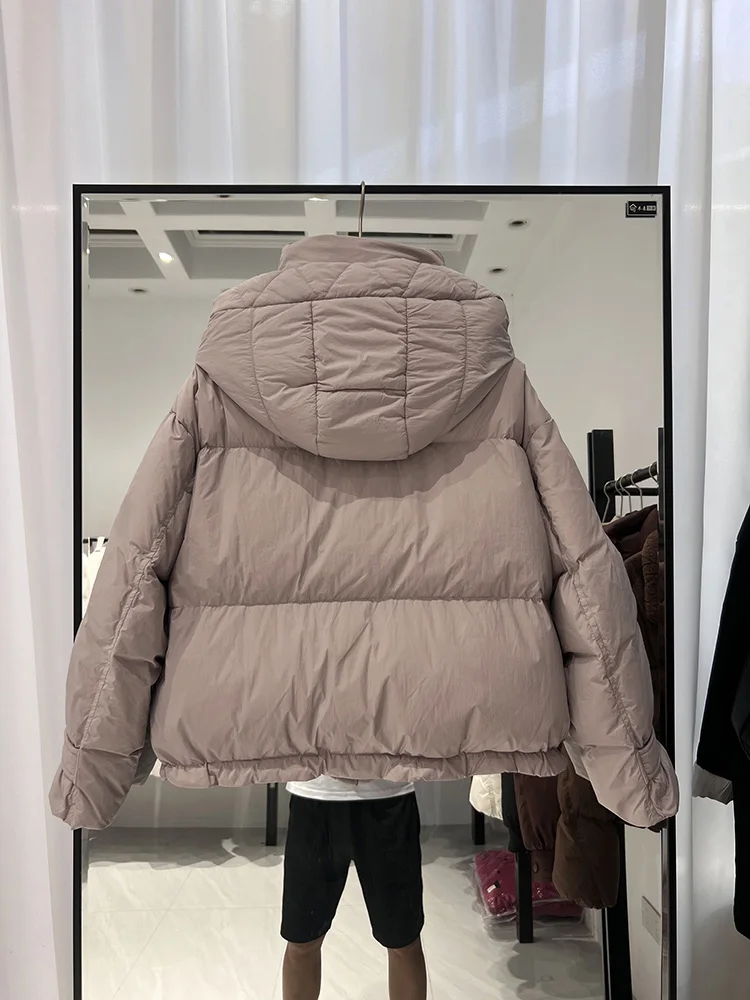 2025 new women's Korean version fashion hooded large pocket multi button versatile short style white duck down jacket
