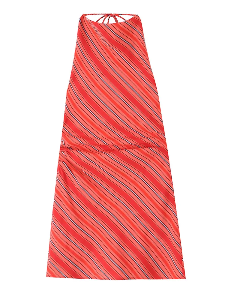 HH Women Summer Vintage Retro Orange Stripe Dress Spring Halter Neck Tie Back Fitted Mini Lightweight Dress For Daily Outing