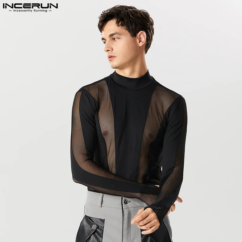 

2023 Men Bodysuits Mesh Patchwork Turtleneck Long Sleeve Sexy See Through Rompers T Shirts Streetwear Fashion Bodysuit INCERUN 7