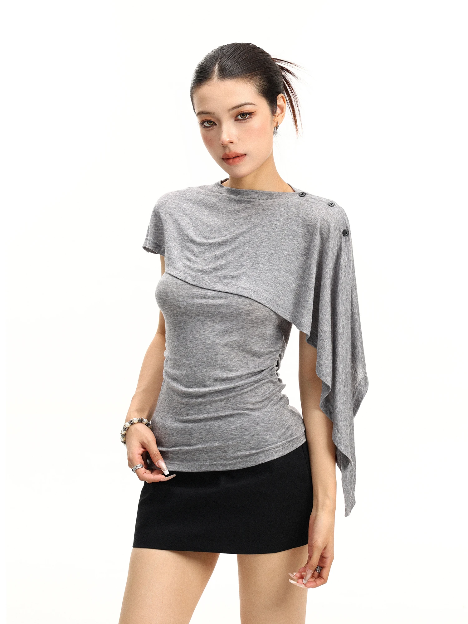 Biggold Rcelle Short Sleeve Vest Women's Slim Fit Detachable Summer Top True Two-Piece Grey Korean Style Lightweight T-Shirt