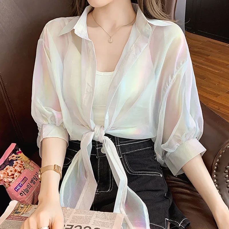 Top Buttoned Up Shirts Women Half Sleeve Shining Sparkles Tied Waist Sexy Chiffon Blouses Shirts For Women 2023 Summer Autumn