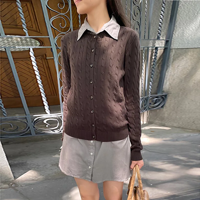 

Retro Brandymm Women's Light ey Twisted Knit Open Cardigan Single Button Sweater Jaet Casual Fit Long Sve round Ne