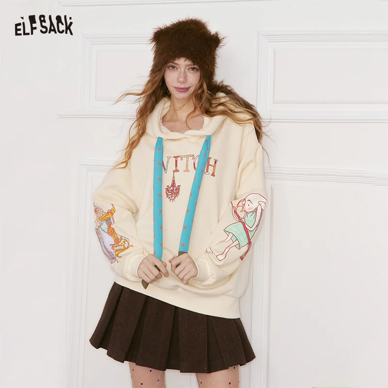

ELFSACK Women Oversized Hoodie 2025 Winter Cotton Cartoon Print Streetwear Casual Drop Shoulder Drawstring Sweatshirt