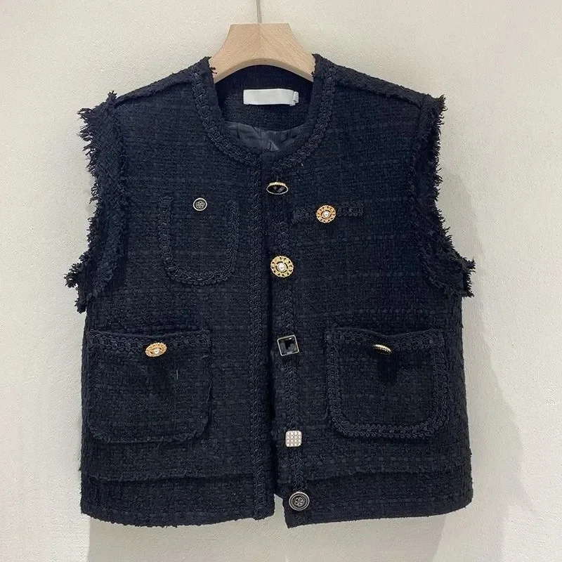 

Autumn New Fashion Temperament Versatile Short Style Fragrant Wool Vest Jacket Women Black Waistcoat B130