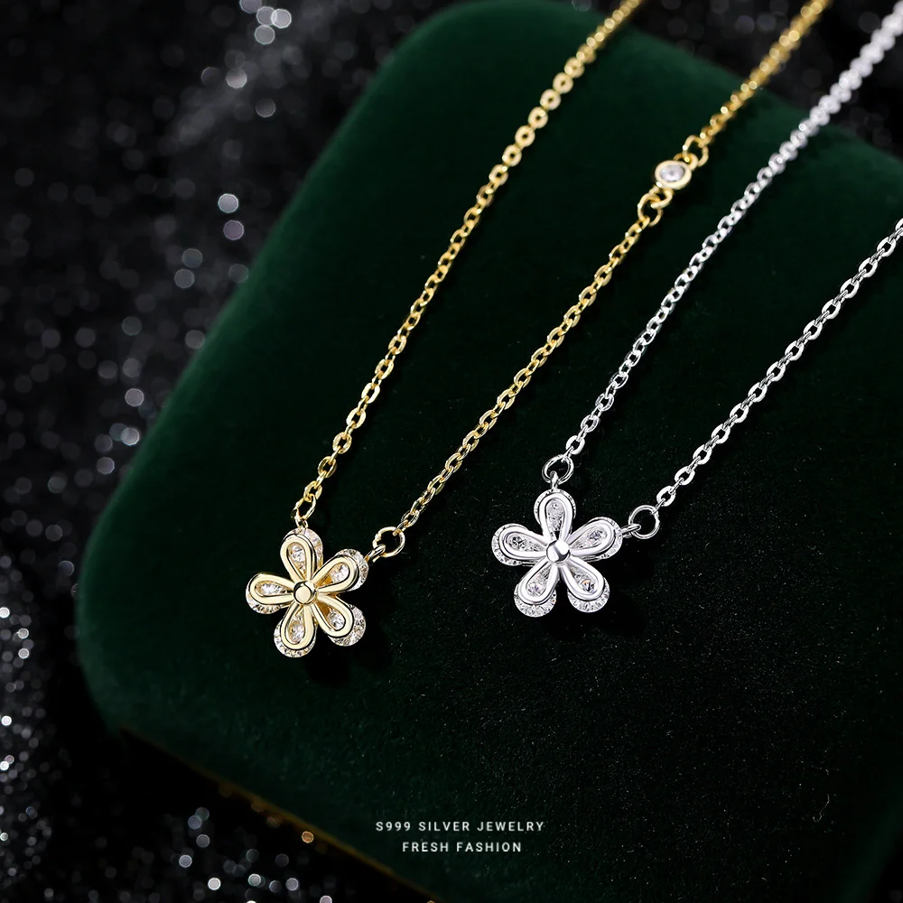 

Korean Style S999 Fine Silver Necklace for Women, Flower Zircon Pendant, Fresh Sweet Light Luxury Niche Collarbone Chain
