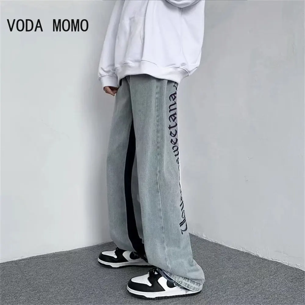 

Flocked Letter Print Jeans Men's Trendy High Street Casual Elastic Waist Straight-leg Pants Harajuku Style Fashion Men Trousers