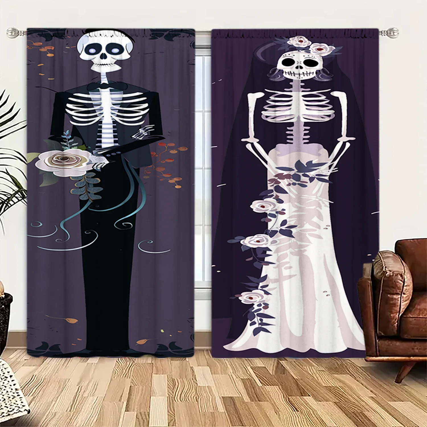 Gothic Skeleton Wedding Curtain, Bride & Groom Skull Print Drape, Halloween Horror Party Window Treatment for Home Decor