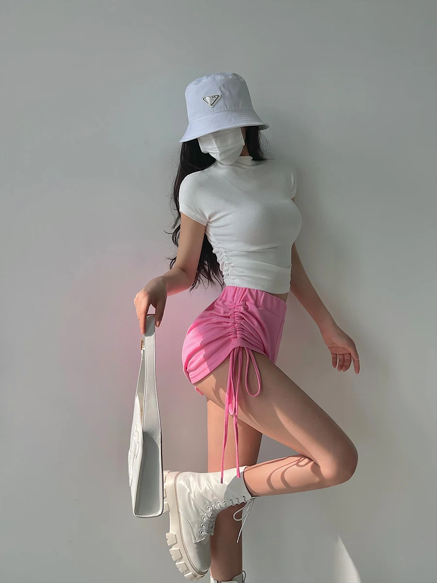 

Sexy Side Drawstring Pleated High Waist Slimming Casual Sports Shorts Hot Pants for Young Girls Summer Fashion Casual Pants