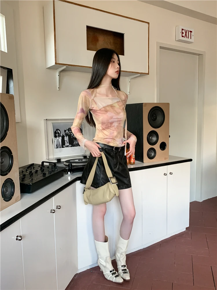Genayooa Vintage Tie Dye T Shirt Women Flare Sleeve Mesh Tops Irregual Y2k Retro Crop Tops Streetwear Japanese 2000s Tshirts
