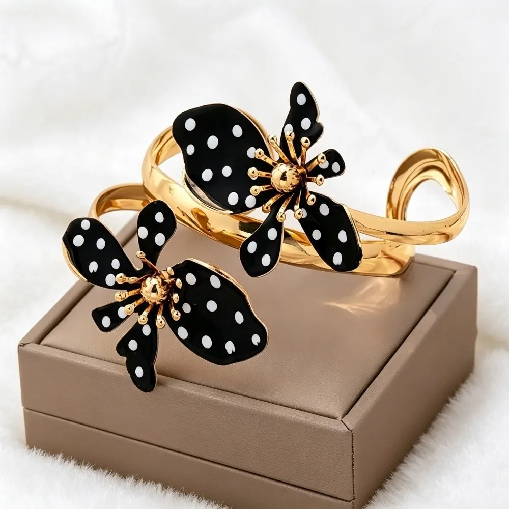 Personality Polka Dot Flower Open Bangle Enamel Glaze Vintage Floral Bracelet Double Layer Cuff Armlet Daily Wear