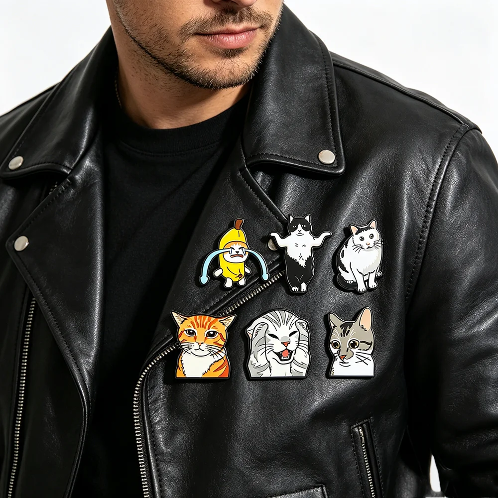 6Pcs Funny Cat Enamel Pins Set Cute Meme Kitten Metal Lapel Brooches, Cartoon Banana Crying Cat Orange Tabby Badges for Backpack
