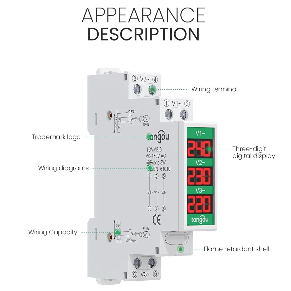 Din Rail Mount Single Three Phase Voltage Meter Ac 80-500V Mini Modular Voltmeter Gauge Indicator LED Digital Display Detector