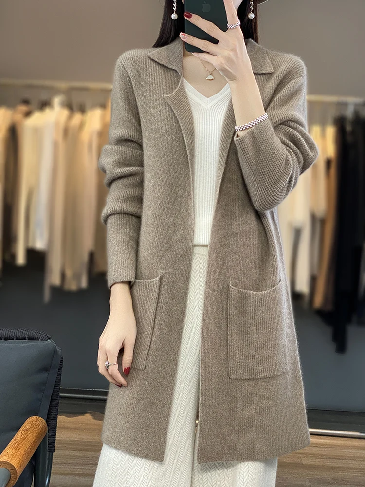 

Spring Autumn 100% Merino Wool Knitwear Women’s Sweater Cardigans Pockets Striped Long Style Overcoat Cashmere Soft Clothing New