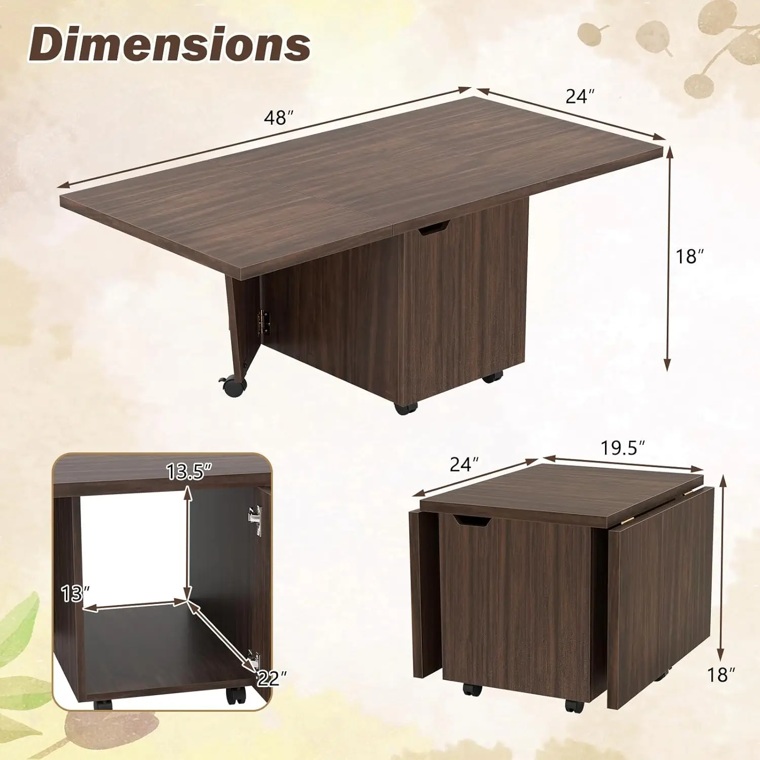 48 Inch Walnut Mid-Century Modern Folding Coffee Table - Drop Leaf Extendable, Storage Cabinet & Wheels,