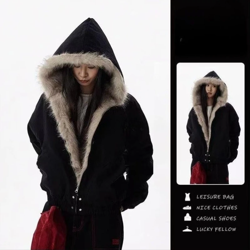 

American Style Retro Hooded Jacket Winter Gothic Harajuku Fashion Black Coat Casual Outerwear Y2k Fur Collar Parkas Woman Chic