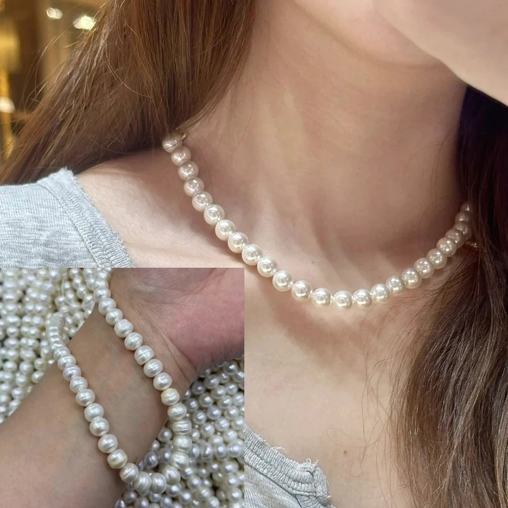 

7.5-8.5mm 3A Threaded Natural Freshwater Flat Round Pearl Sparkling Isolated Bead Jewelry Make DIY Necklace Bracelet Accessories