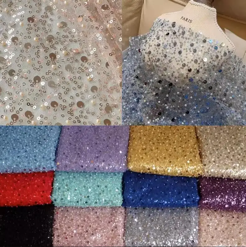 130cm wide 50cm/lot Europe and America Dense Mesh Sequins Beads Fabric Wedding Dress Stage Dress DIY Accessories X232