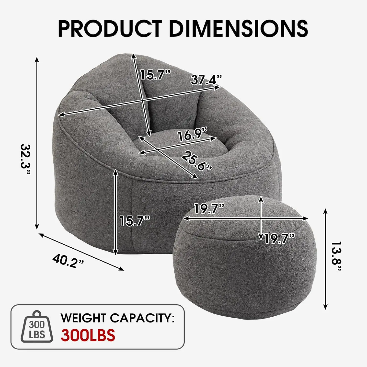 Sofa, Microfiber Upholstered Bean Bag Couch with Petal Back, Padded Lazy Sofa with Footstool, Memory Foam Stuffed Bean Bag Couch