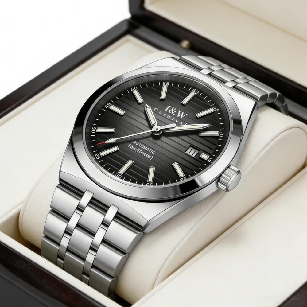 

Мужские механические часы Carnival с импортным механизмом, из нержавеющей стали, водонепроницаемые до 50 м, с люминесцентным циферблатом и сапфировым стеклом