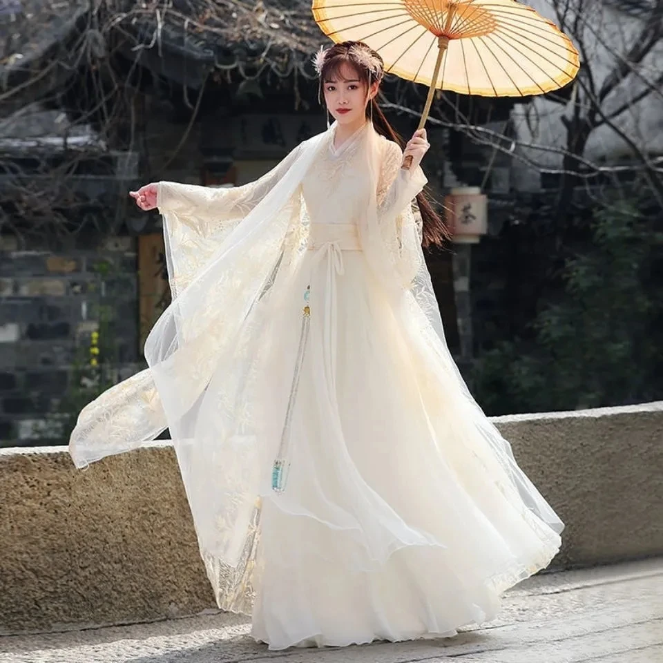 

Женский костюм для косплея Hanfu с кружевной вышивкой, летнее дышащее сказочное платье в китайском стиле, одежда для выступлений и народных танцев