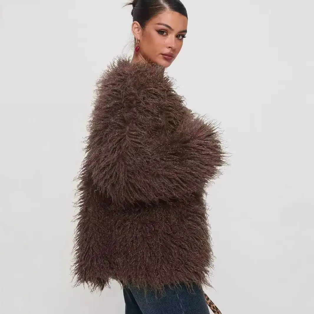 

F/W Women's Chocolate Faux Shearling Jacket Double-Breasted Design Oversized Lapel Drop Shoulder Winter Coat Vegan Leather Trim