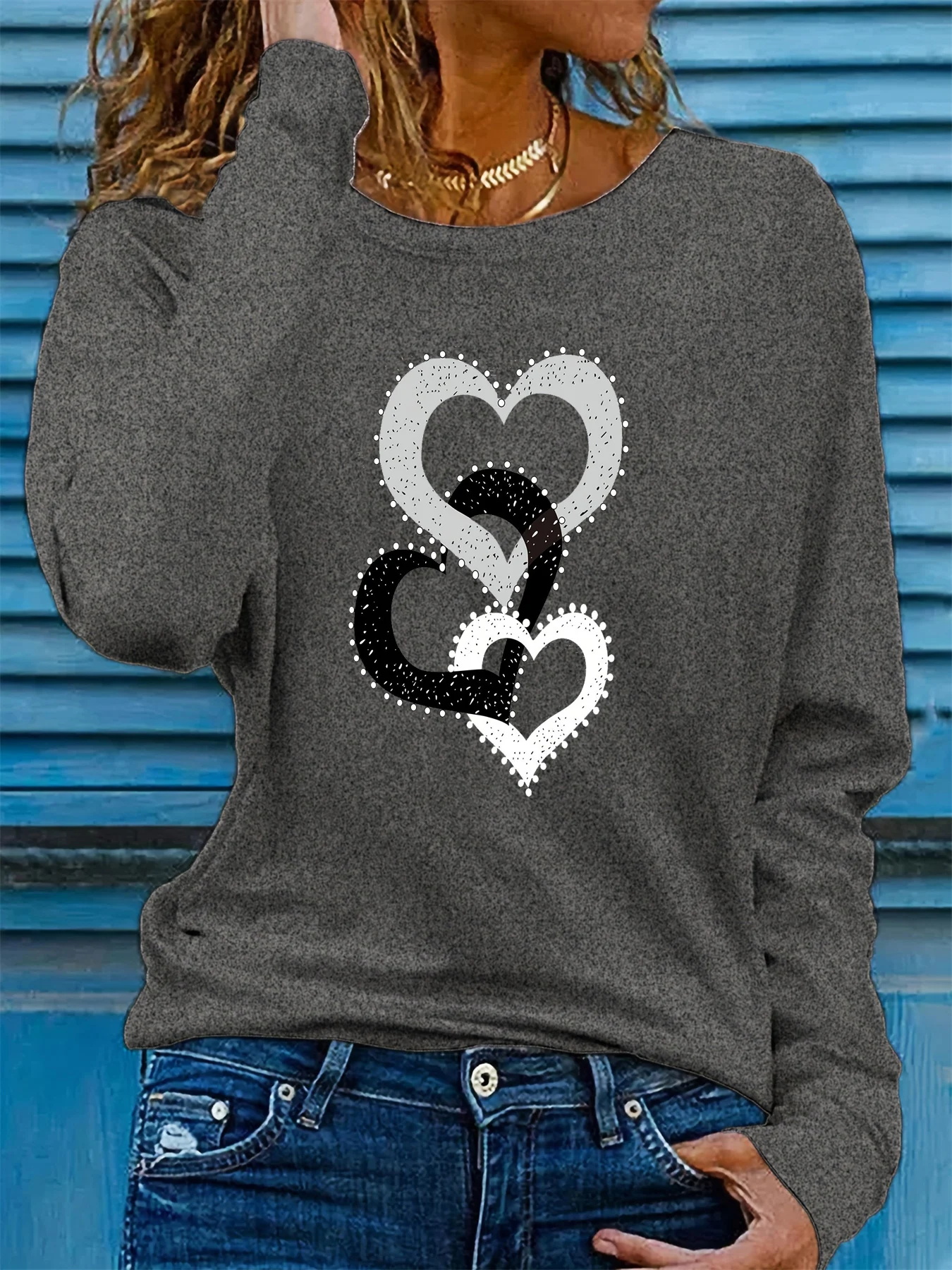 Women's 100% Pure Cotton Long Sleeve T-Shirt round Neck Comfortable Casual Heart-Shaped Graphic Print Spring Autumn Loose Fit