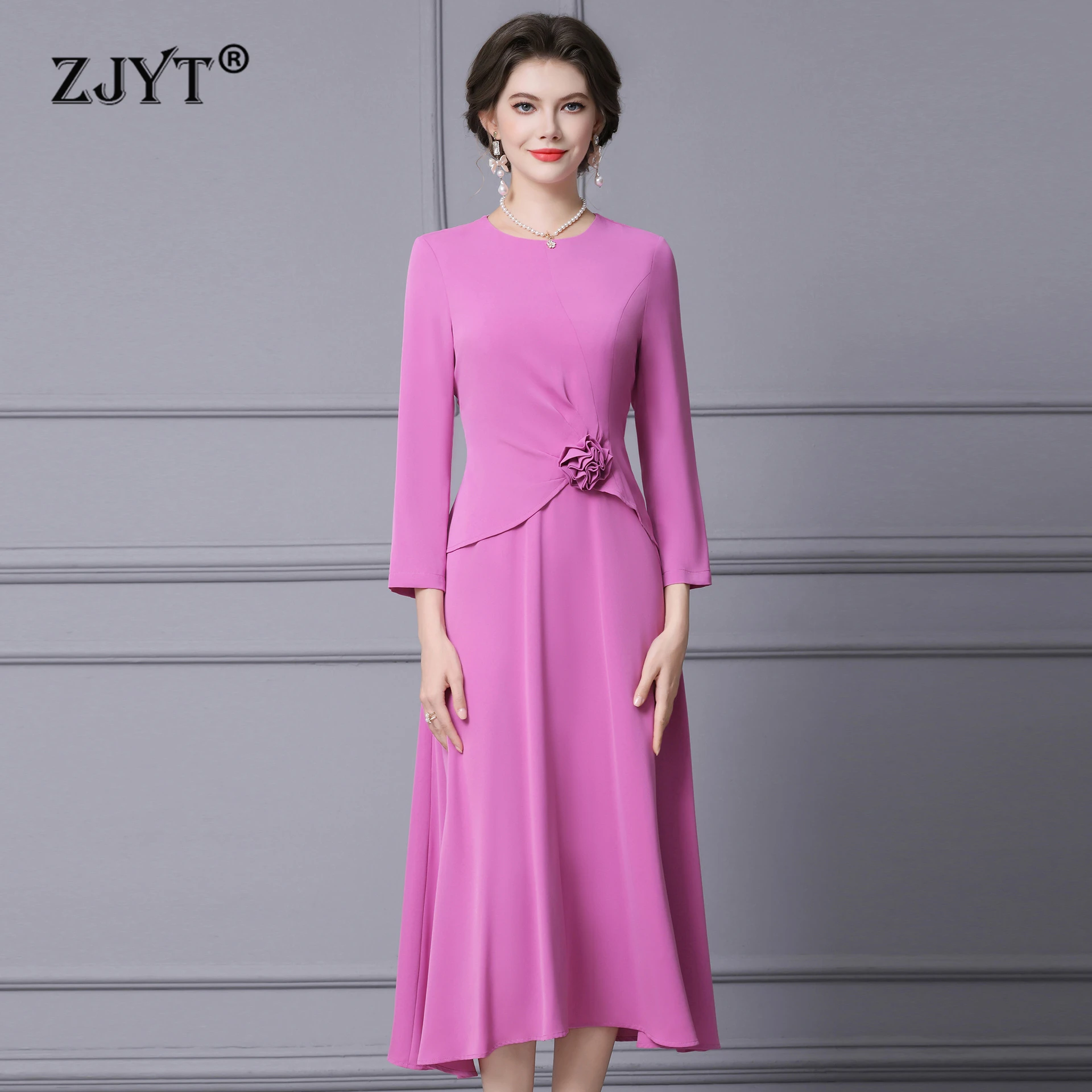 

ZJYT Подиум, новинка 2026, модные весенние платья миди для женщин, элегантное однотонное повседневное праздничное платье с рукавами на запястьях, вечерние женские платья