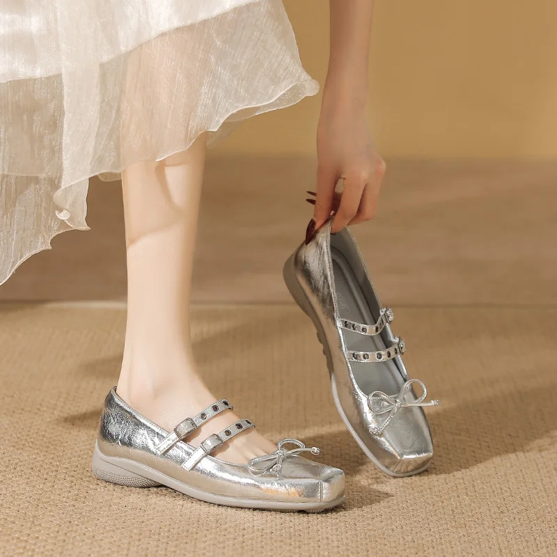 バレリーナ女性-2025-ボウノットスクエアトゥカジュアル女性スニーカーフラットシューズ浅い口エレガントなバレエバタフライドレスメアリー-ja