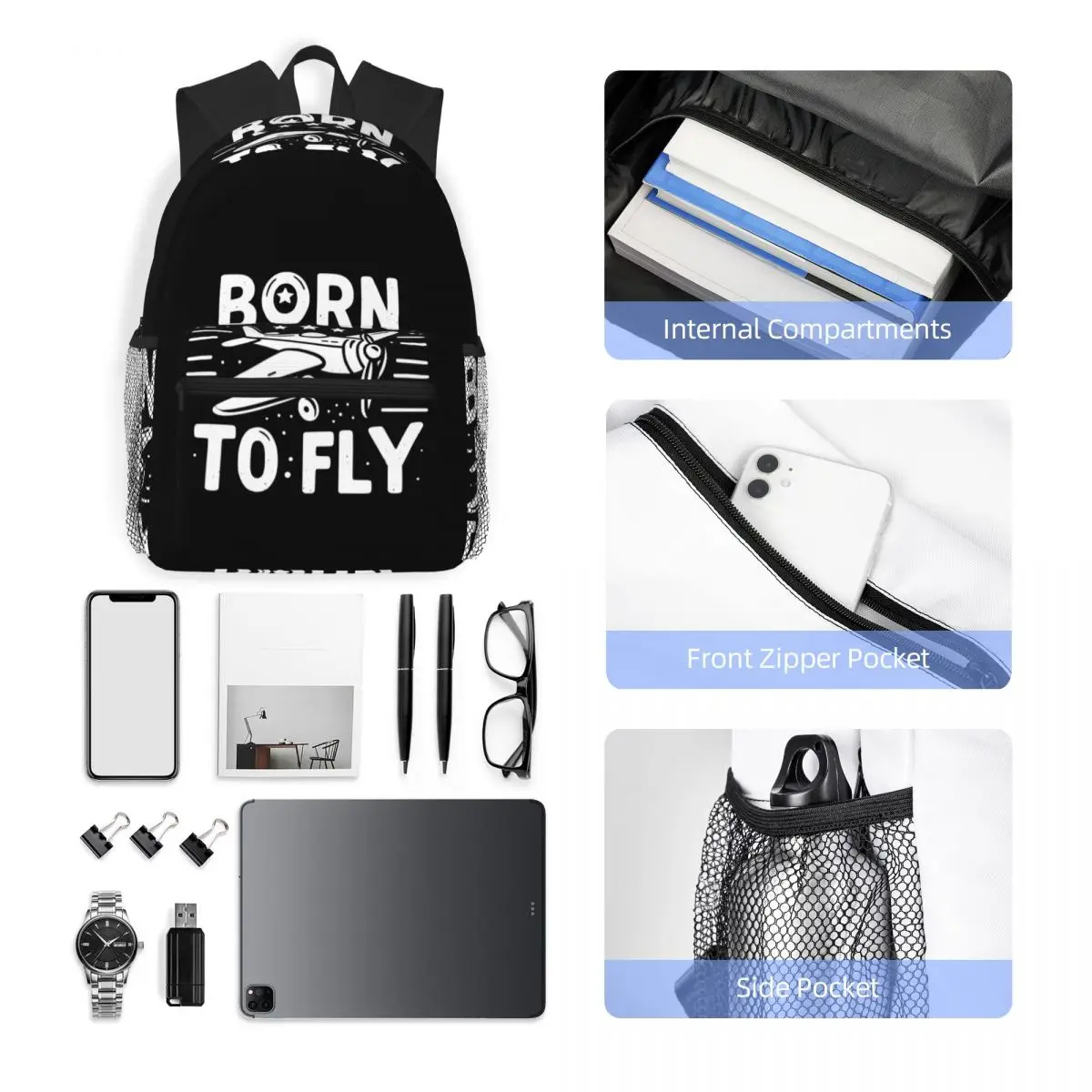 Born To Fly Flight Pilot Studentenrucksack, Schultasche, Wandern, Reisen, Tagesrucksack für Männer und Frauen, modische Büchertasche, Umhängetaschen