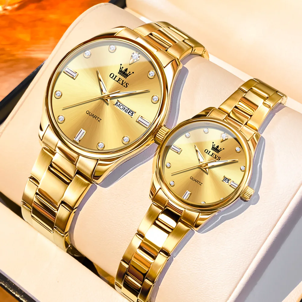 OLEVS Couple Watches Quartz Elegant Highend for Men and Women Steel Strap Simple Fashion Waterproof Pairs Gold Wristwatch Gifts